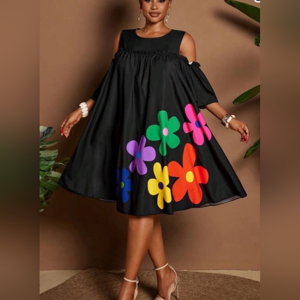 SHEIN Black Dress with Colorful Floral Accents